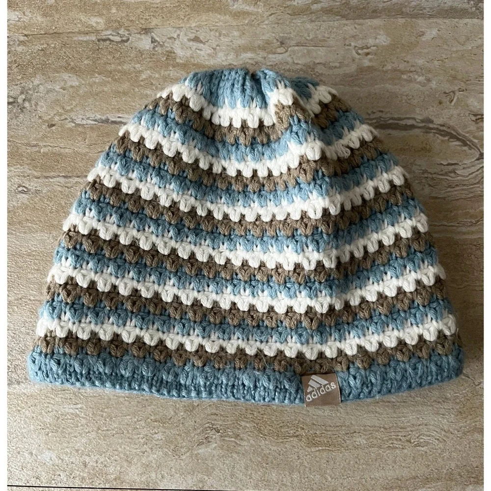 Adidas Beanie Mens OS Blue Striped Crochet Knit Fleece Lined ClimaWarm